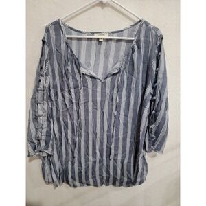 Como Blu Womens Plus Size 3X Blue White Striped Ladder Sleeve Blouse Boho V-Neck